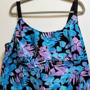 NWOT Catherines sz28 black-blue-purple tropical floral wireless tankini swim top